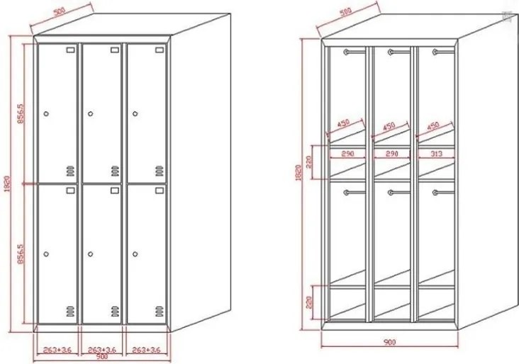 Szafka skrytkowa S2, 6 schowków, 1820 x 900 x 500 mm, demontaż, zamek cylindryczny, drzwi pomarańczowe