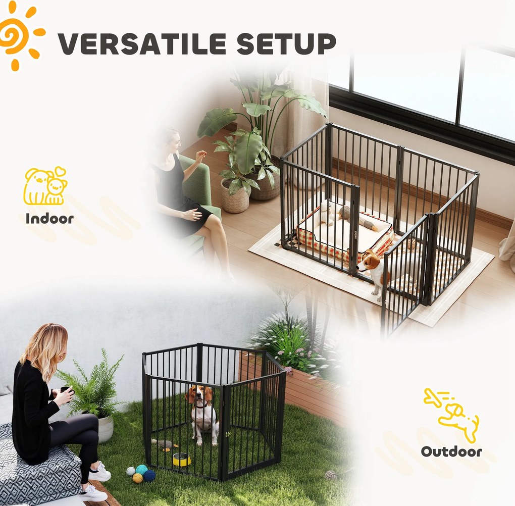 PawHut Wybieg dla Szczeniąt, Wybieg dla Psów, Wybieg dla Szczeniaków, 6 Paneli z Drzwiami, Składany i Przenośny Płotek dla Psów, Stal, Czarny