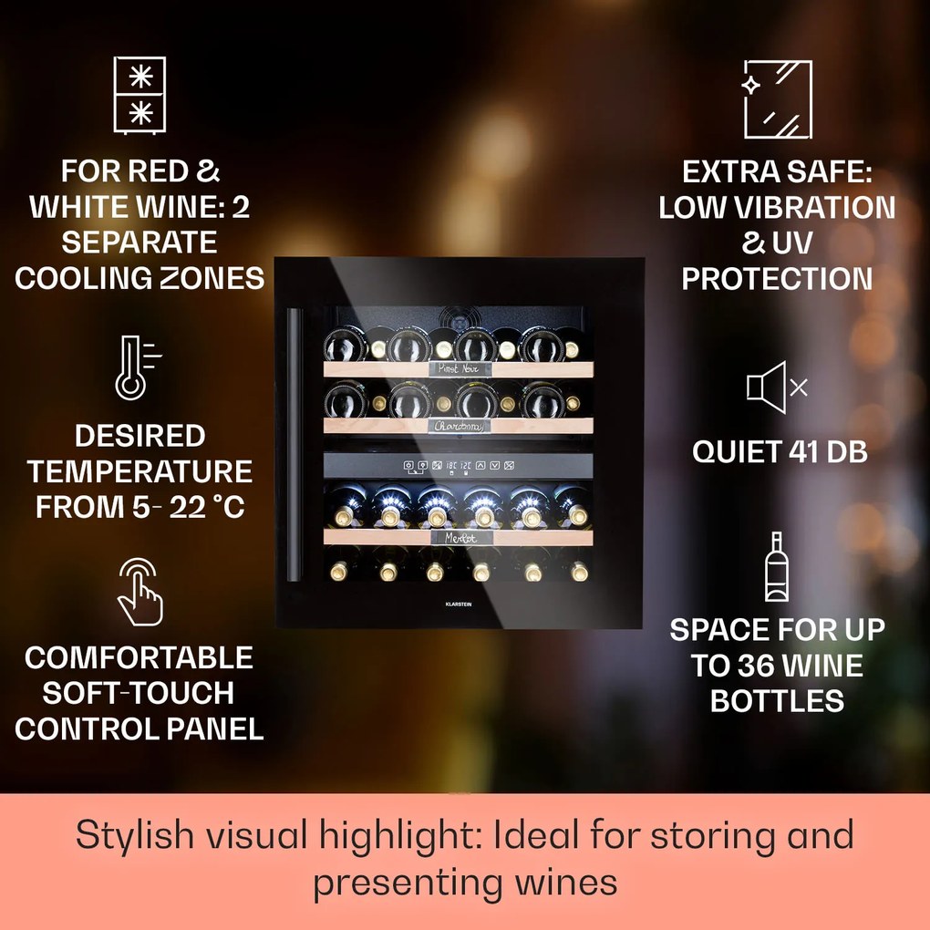 Klarstein Vinsider 59.5cm 36 Butelek Winiarka do Zabudowy Dwustrefowa Czarny