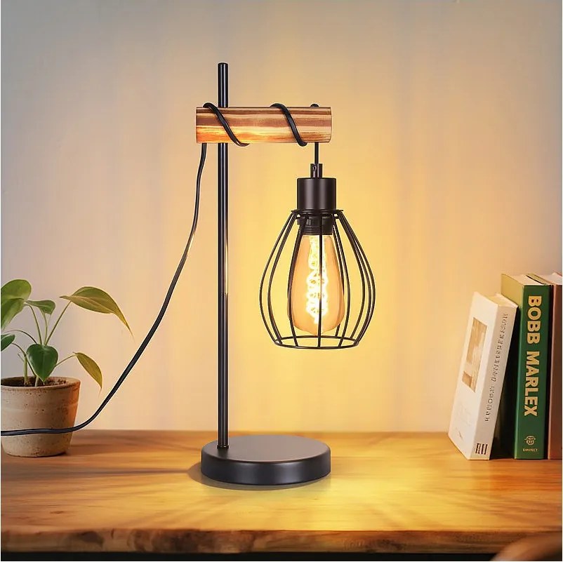 NETTLIFE Lampa stołowa do salonu, vintage, lampa stołowa, drewno: czarna, lampka nocna, 1 żarówka, industrialny design, metalowa, gniazdo E27, bez żarówki