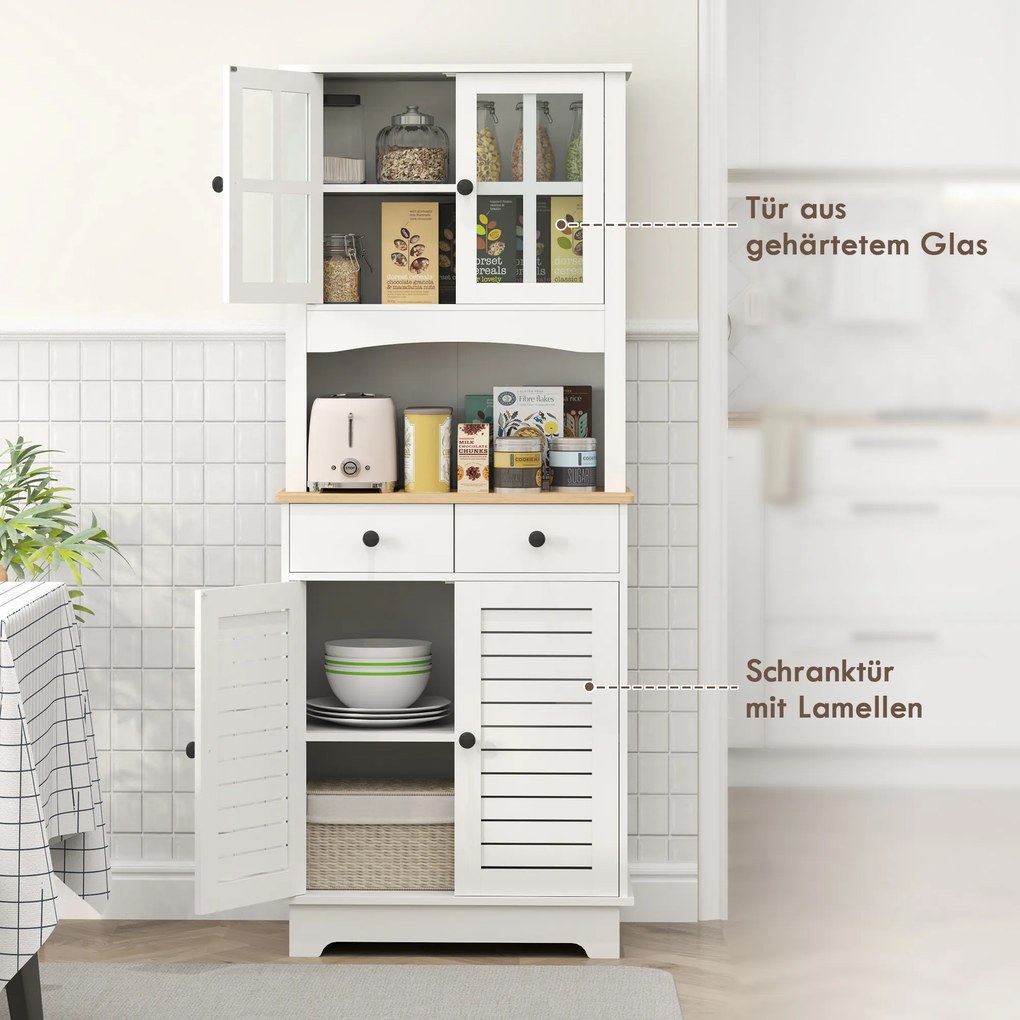 HOMCOM Kuchenna szafka z drzwiami szklanymi, 2 szuflady, szafka na naczynia, szafka do jadalni, drewno, 68 x 39,5 x 170 cm, biały