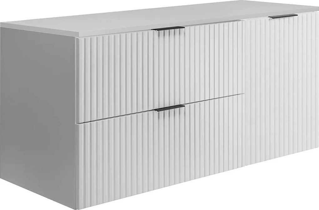 Zestaw łazienkowy: szafka z szufladami i szafka z drzwiami 57×46×120 cm, kolor: biały / blat biały, uchwyt czarny