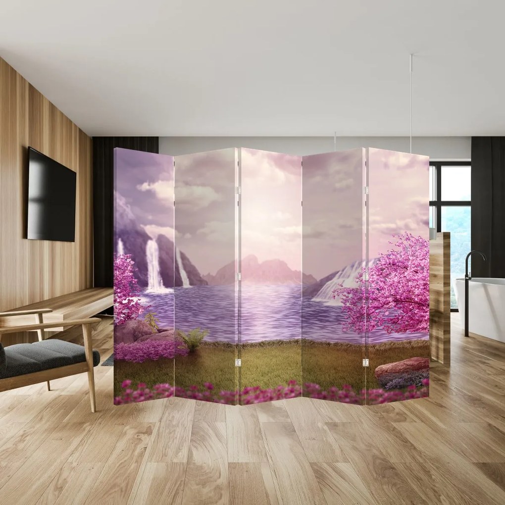 Parawan - Różowe drzewa z jeziorem (210x170 cm)