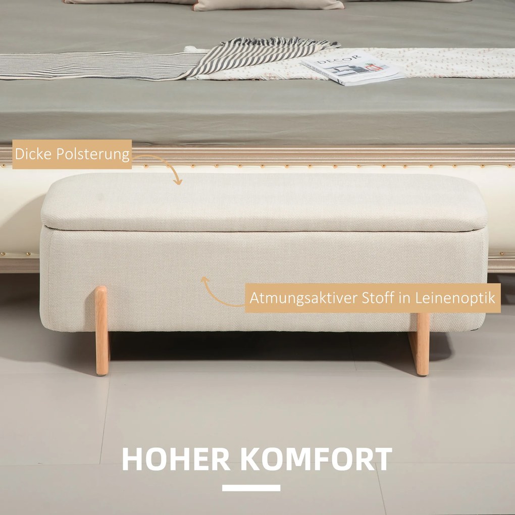 HOMCOM Taboret z Miejscem do Przechowywania, Ławka z Wyściółką z Pianki, Imitacja Lnu, 111 x 44 x 44,5 cm, Kremowy | Aosom PL