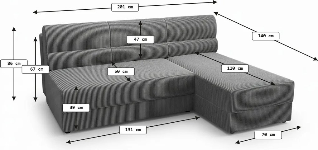 Rozkładana narożna sofa TAVERO SLIM 201x140 cm, ciemnoróżowa, uniwersalna