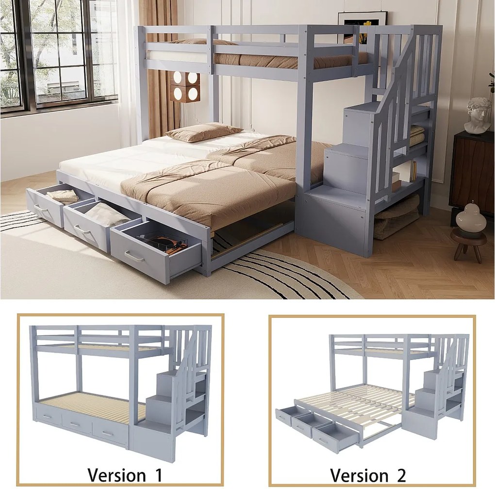 Łóżko piętrowe dla dzieci - 90 x 200 cm - z łóżkiem wysuwanym 90/180 x 190 cm + drabinka + szuflady - drewno - kolor szary