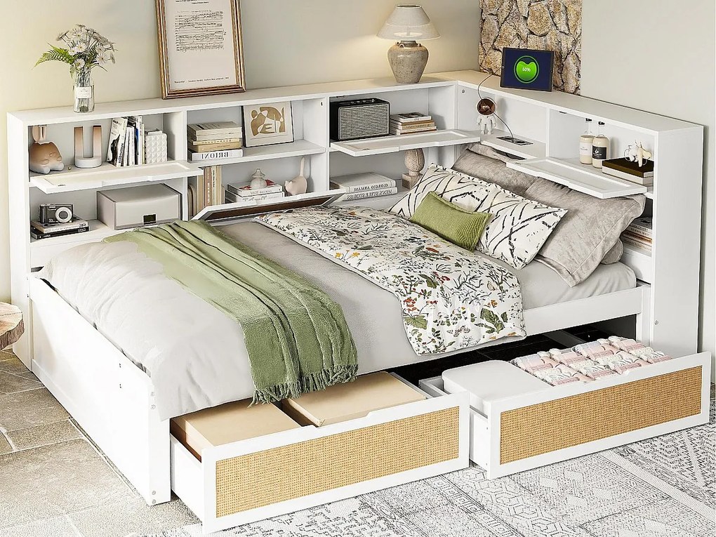 Łóżko-sofa z litego drewna 140x200cm - z 2 szufladami - z wieloma przegrodami do przechowywania - z portem ładowania - białe (bez materaca)