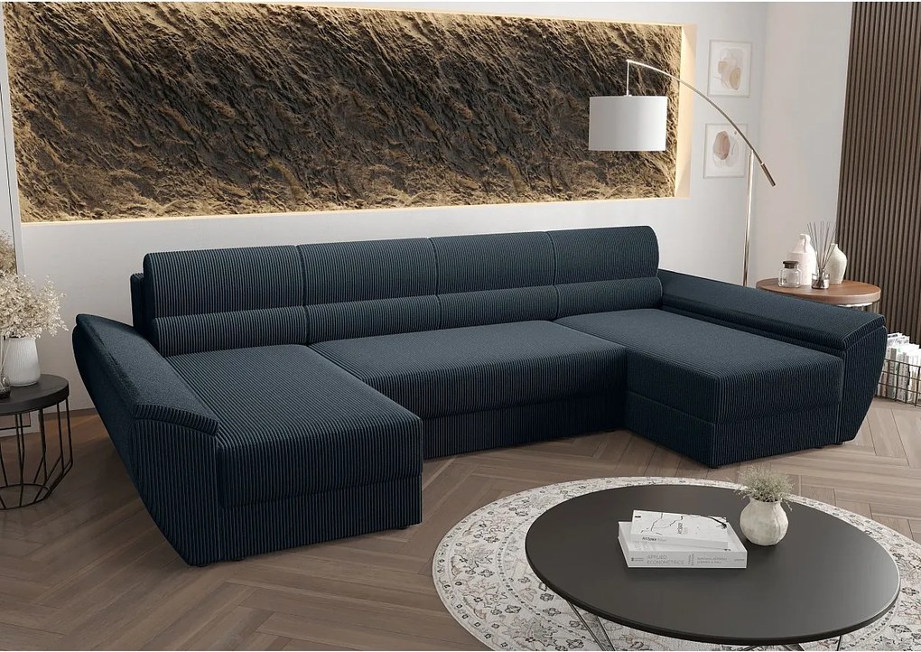 BEDANTE narożnik REBIU4 Poso 05 ciemnoniebieski z funkcją spania sofa w kształcie litery L z pojemnikiem na pościel