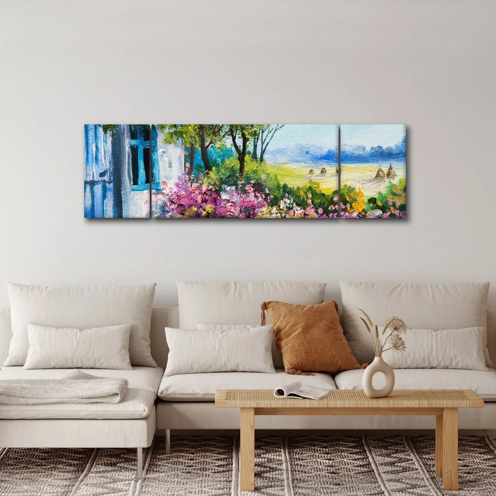 Obraz ogrodu przed domem, obraz olejny (170x50 cm)