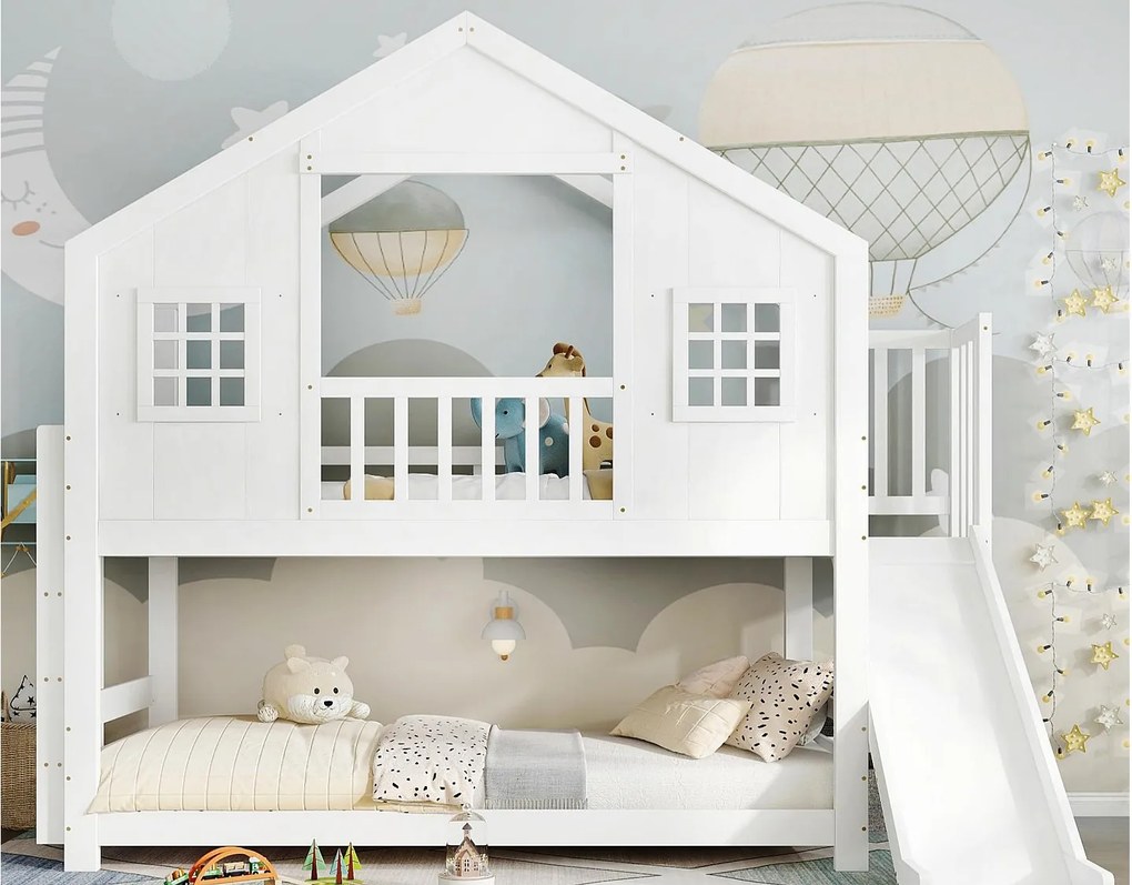 Łóżko piętrowe dla dzieci 90x200 cm - ze zjeżdżalnią i drabiną - z dachem i oknami - lite drewno + MDF - biały​ (bez materaca)