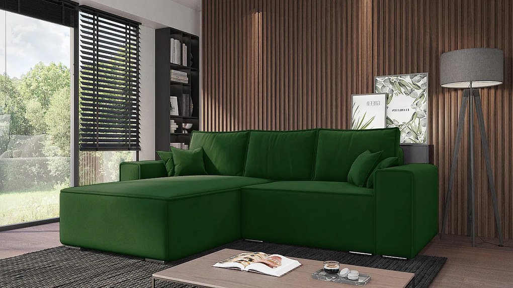 Emporius Lora narożnik rozkładany - narożnik z funkcją spania i pojemnikiem - nowoczesny styl, lewostronny, tkanina aksamitna, zielony (Amor Velvet 4311)