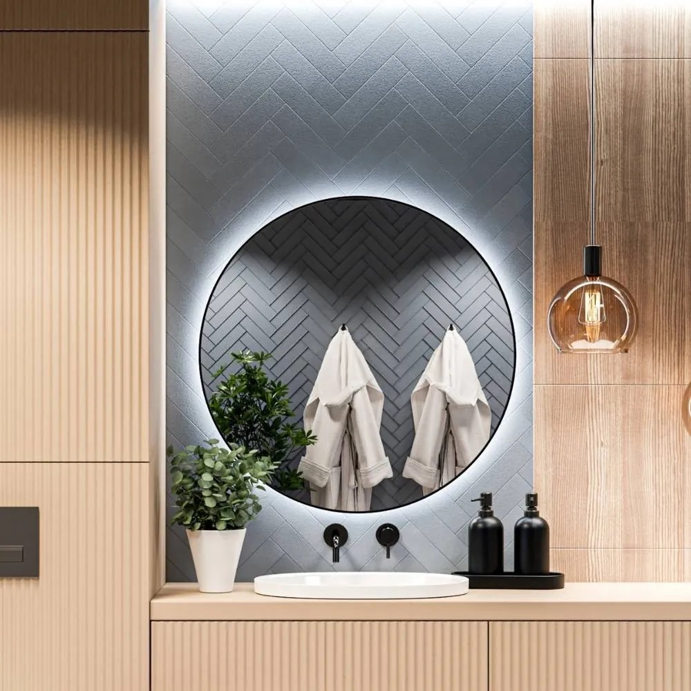 Lustro okrągłe podświetlane z sensorem w czarnej ramie 60 cm VALO Slim LED black