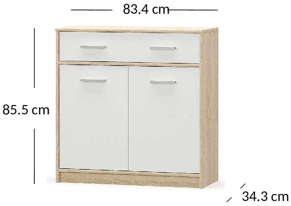 Komoda Dwudrzwiowa z Szufladą Wąska do Salonu DEW 83 cm Dąb sonoma/biała Nowoczesna