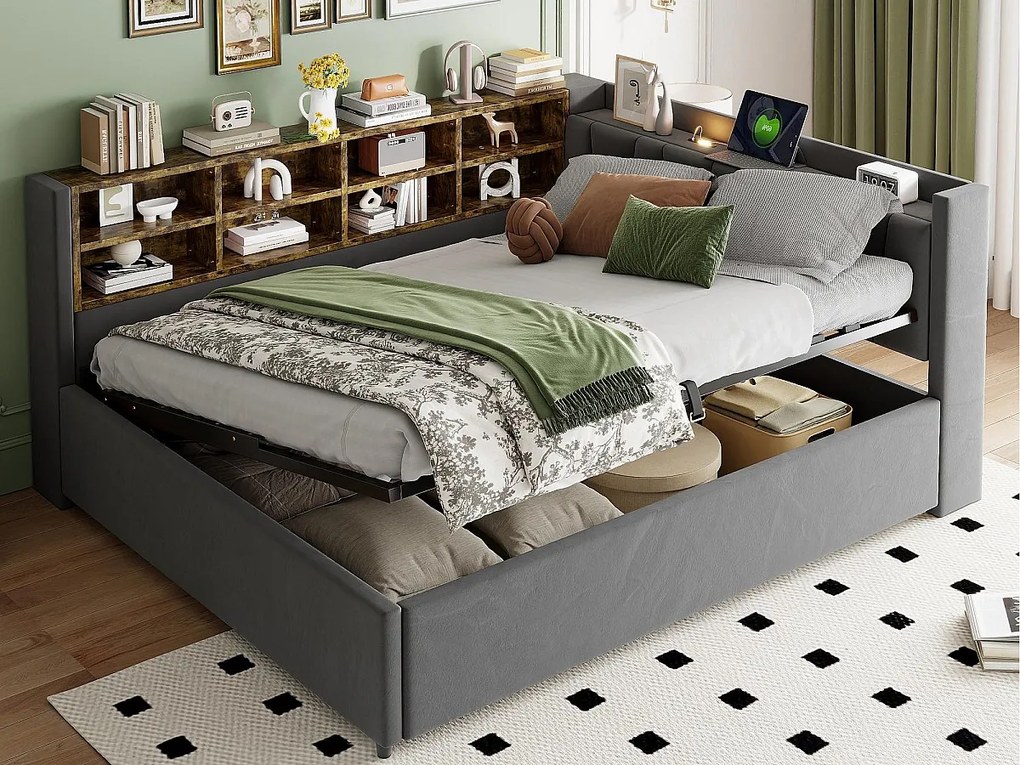 Tapicerowana sofa z funkcją spania i schowkiem 90×200 cm - z oświetleniem - z portem USB i Type-C - Aksamit - Ciemnoszary (bez materaca)