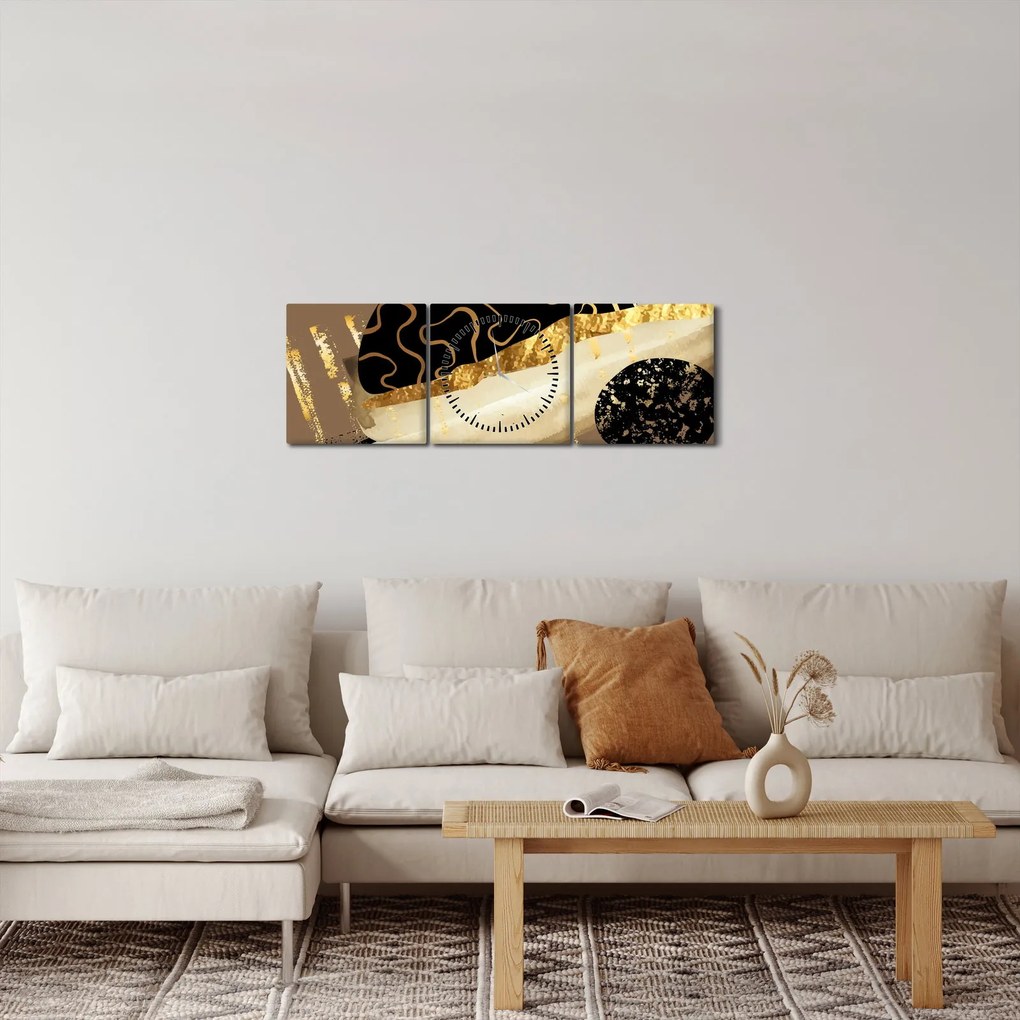 Obraz - Abstrakcja złotobrązowy N⁰3 (z zegarem) (90x30 cm)