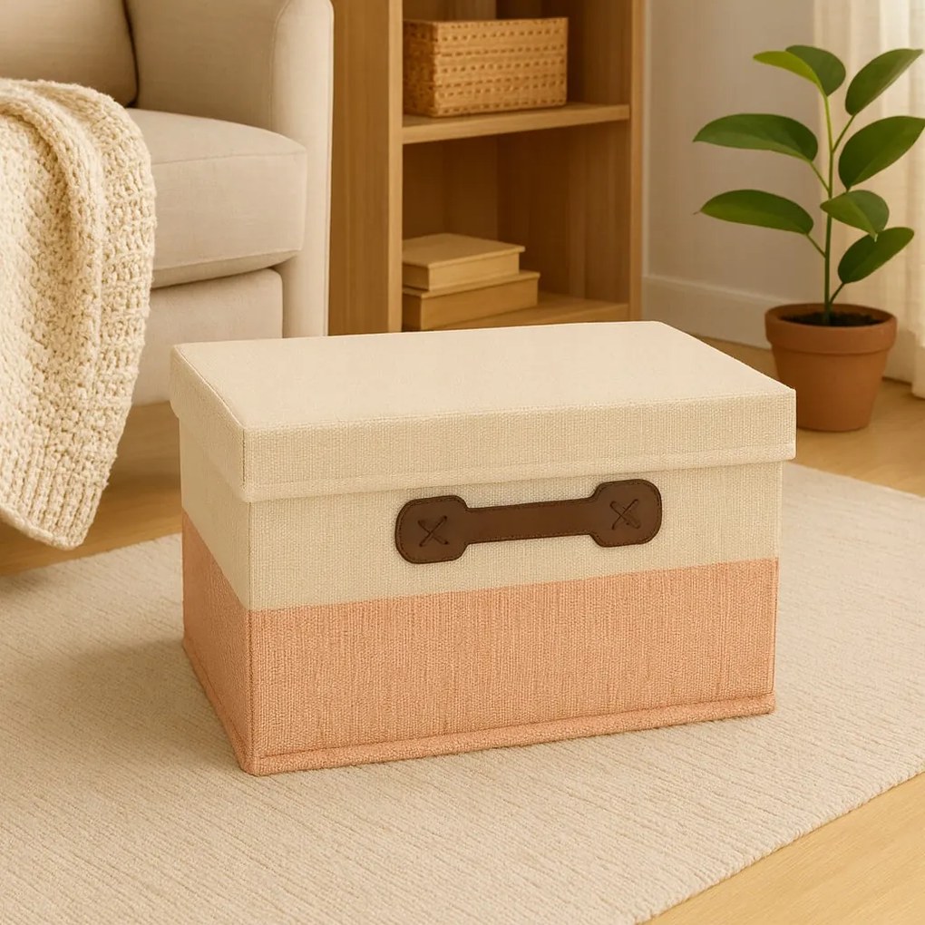 Organizer Tekstylny Różowy 38x28x18 cm Beżowy Pudełko z Pokrywą Dekoracyjny