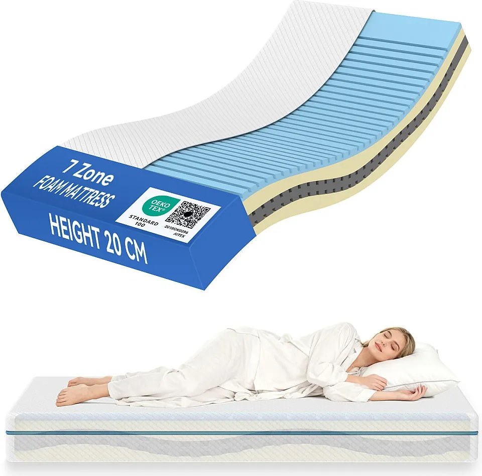 Zestaw 2 materacy 90 x 200 cm, grubość 20 cm, materac z pianki z pamięcią kształtu, ergonomiczny kształt litery S, 7 stref H3 średnia twardość, idealne wsparcie