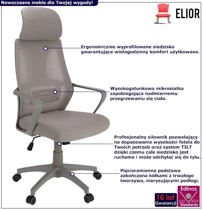 Szare Nowoczesne Ergonomiczne Krzesło Obrotowe Do Biurka T2-A37