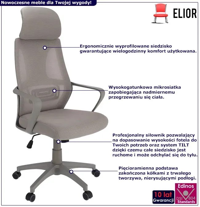 Szare nowoczesne ergonomiczne krzesło obrotowe do biurka - Uris