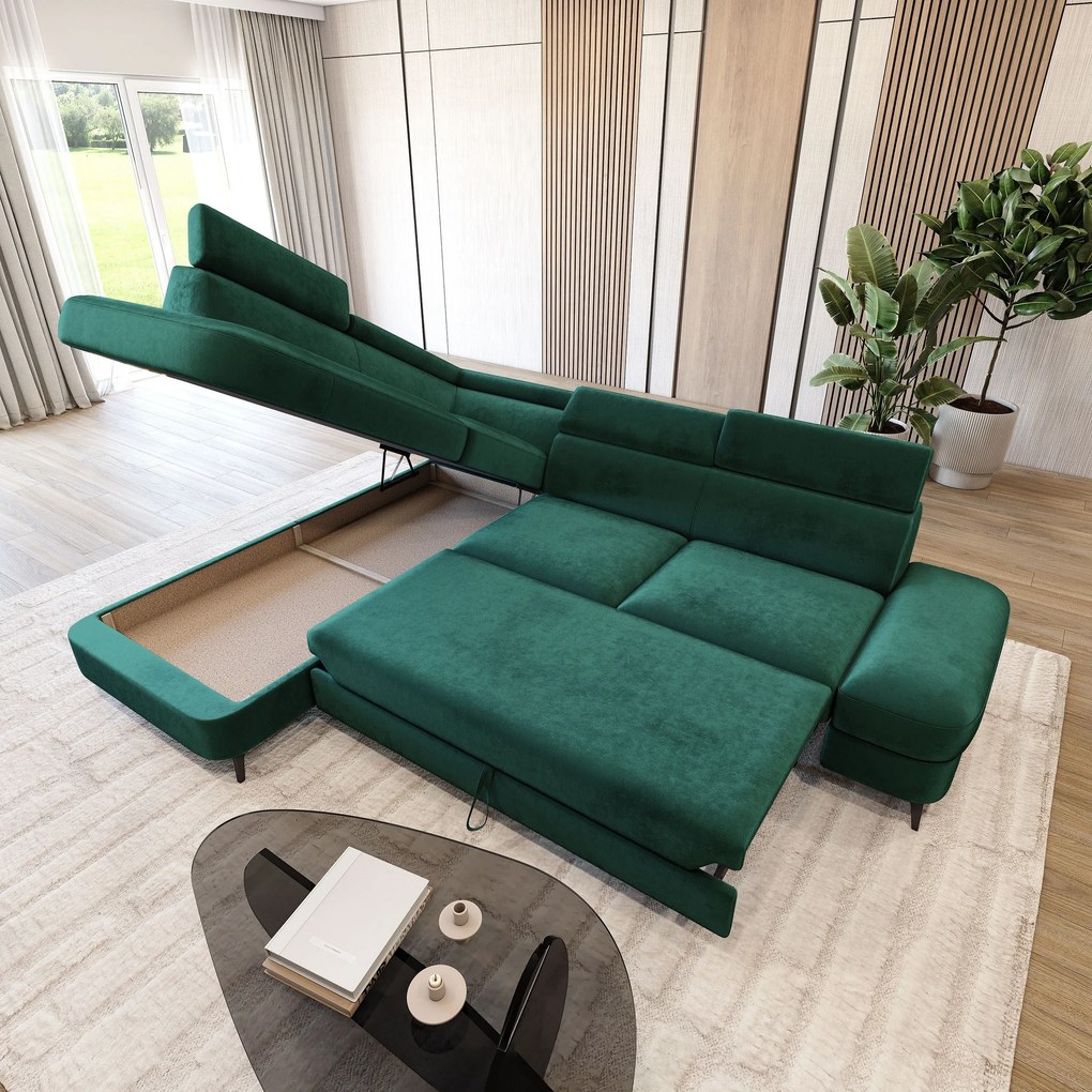 Masseno Narożnik AVISE z funkcją spania i pojemnikiem na pościel Narozniki L, Rozkładana sofa - Zielony, MONOLITH 37