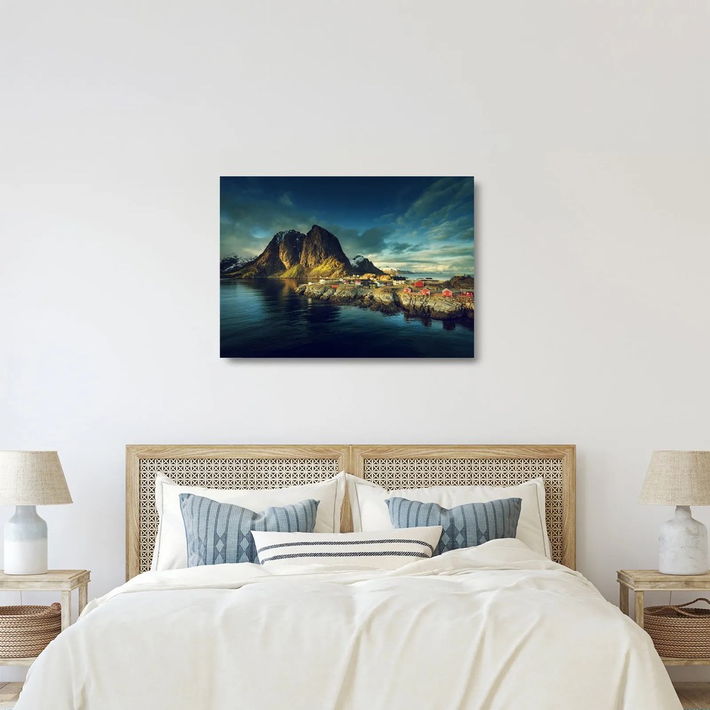 Obraz na szkle wioski rybackiej w Norwegii (70x50 cm)