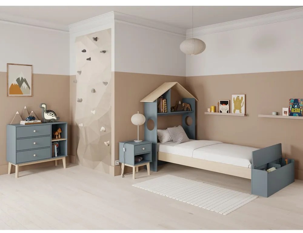 Łóżko dziecięce w dekorze sosny w kształcie domku ze schowkiem ze stelażem 90x190 cm w naturalnym kolorze/szarozielone Odessa – Marckeric