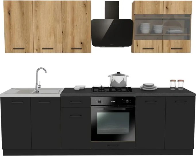 Zestaw Mebli Kuchennych MODERN 260 cm Czarny/Dąb Evoke Loftowy