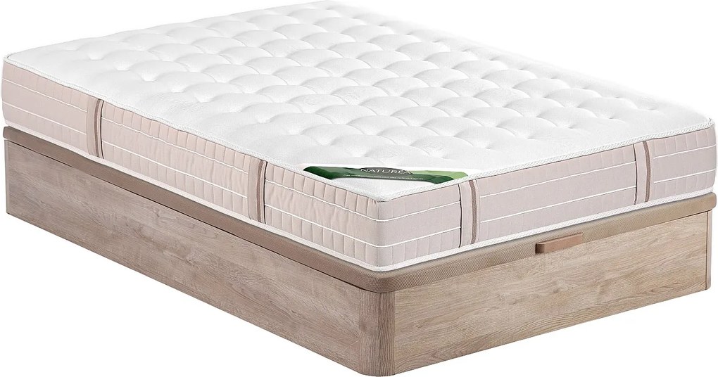 Zestaw 160 x 200 cm stelaż ze skrzynią w kolorze jasnego naturalnego drewna + materac kieszeniowy 5-strefowy z pianką memory i powłoką przeciw pluskwom gr. 24 cm - VIREVO marki NATUREA