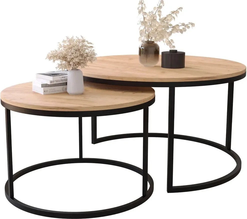 Zestaw 2 Okrągłych Stolików W Stylu Loft Dąb Craft Złoty P8-A69