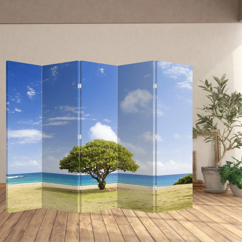 Parawan - Plaża z drzewem (210x170 cm)