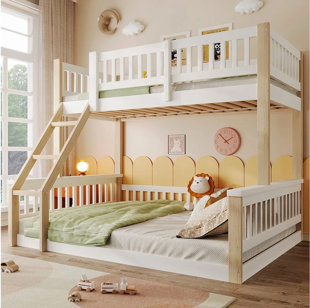Łóżko piętrowe dla dzieci - 90 x 200 cm + 140 x 200 cm - z drabinką + barierką - drewno - kolor biały + naturalny