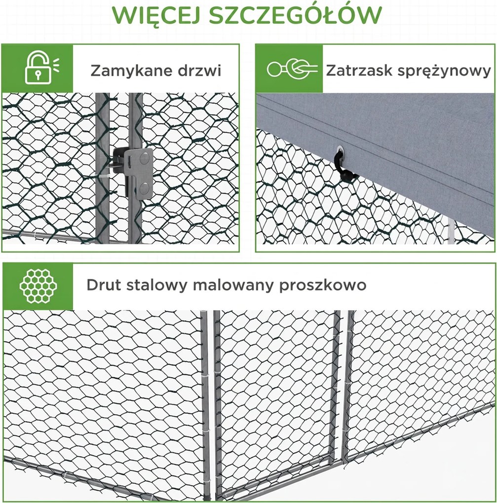 PawHut Wybieg dla kur z zacieniającym dachem, ocynkowana stal, dla 10-15 zwierząt, Srebrny