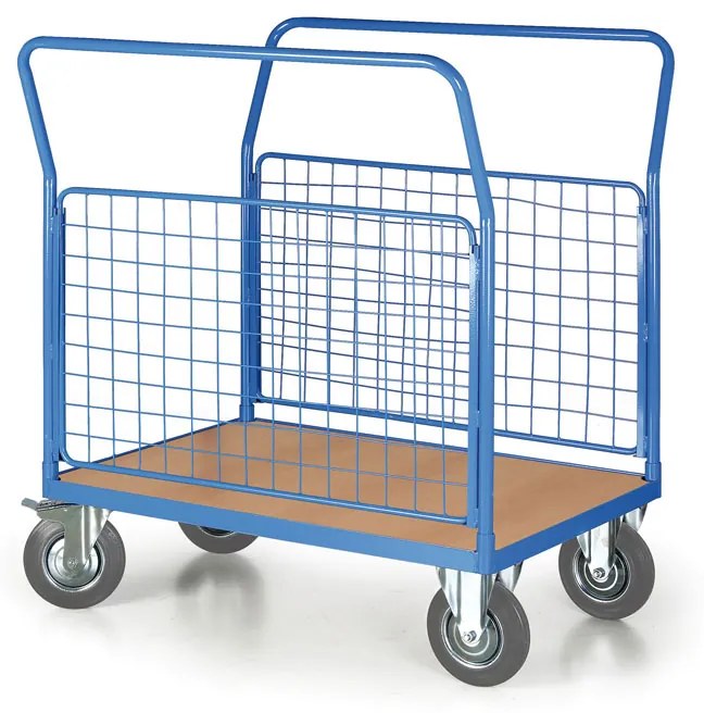 Wózek platformowy - 2 burty z siatki, 1000 x 700 mm, nośność 400 kg, koła 200 mm z szarą gumą