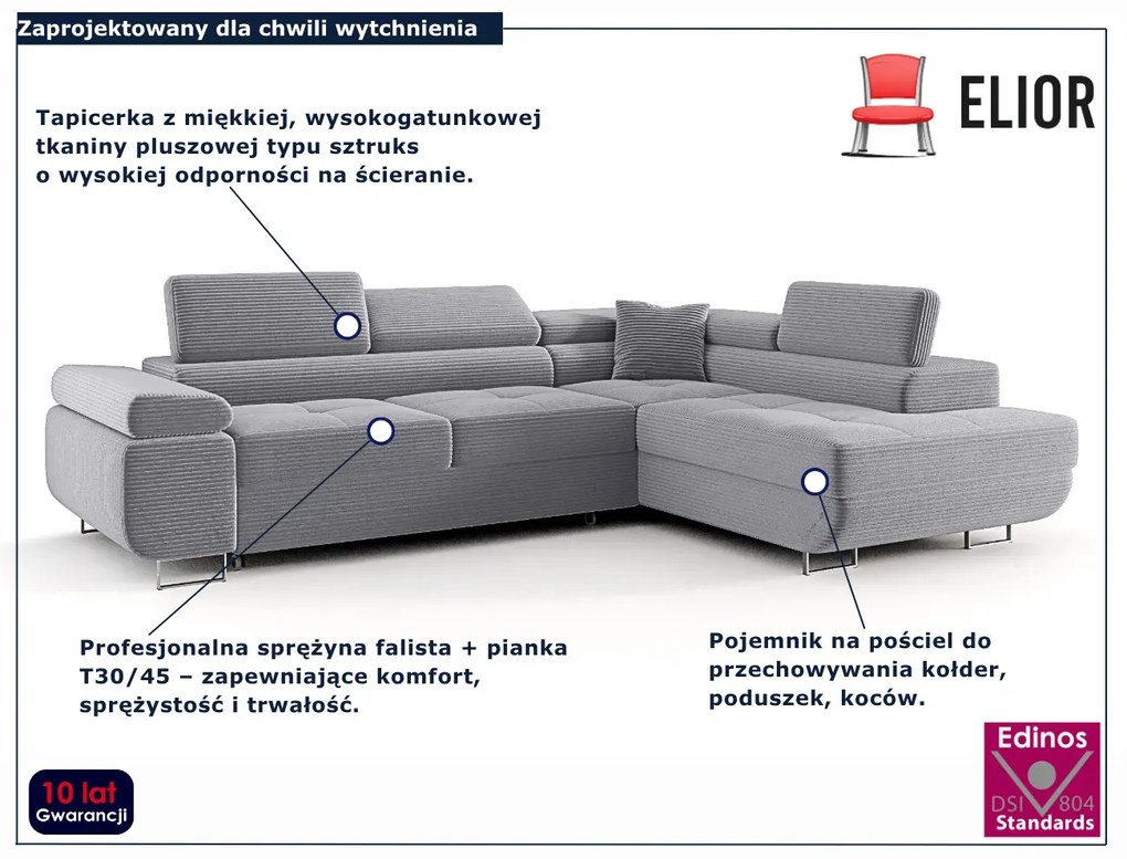 Szary narożnik sztruksowy z pojemnikiem K3-N06