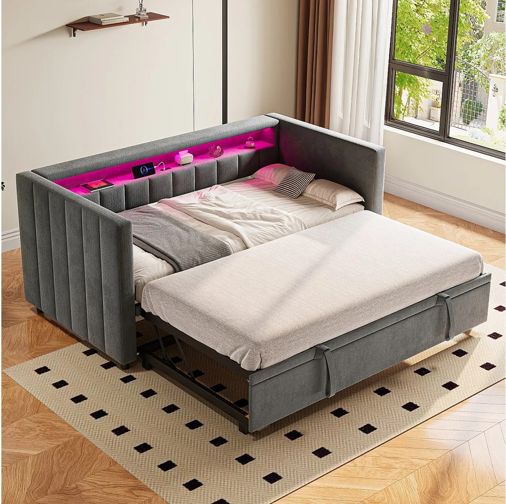 Rozkładana sofa - 90/180 x 190 cm - z portem USB, diodami LED i schowkiem - aksamitna - szara