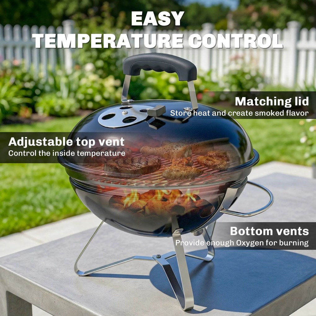 Outsunny Grill węglowy Przenośny grill kulisty z uchwytem pokrywy i regulowanymi otworami wentylacyjnymi do BBQ 41x41x44 cm Czarny | Aosom PL
