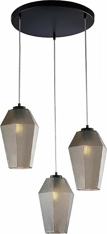 Lampa wisząca Prisma z czarnego lakierowanego żelaza, regulowane kable, klosze z lustrzanego szarego szkła dmuchanego z tłoczonym wzorem, 3 światła