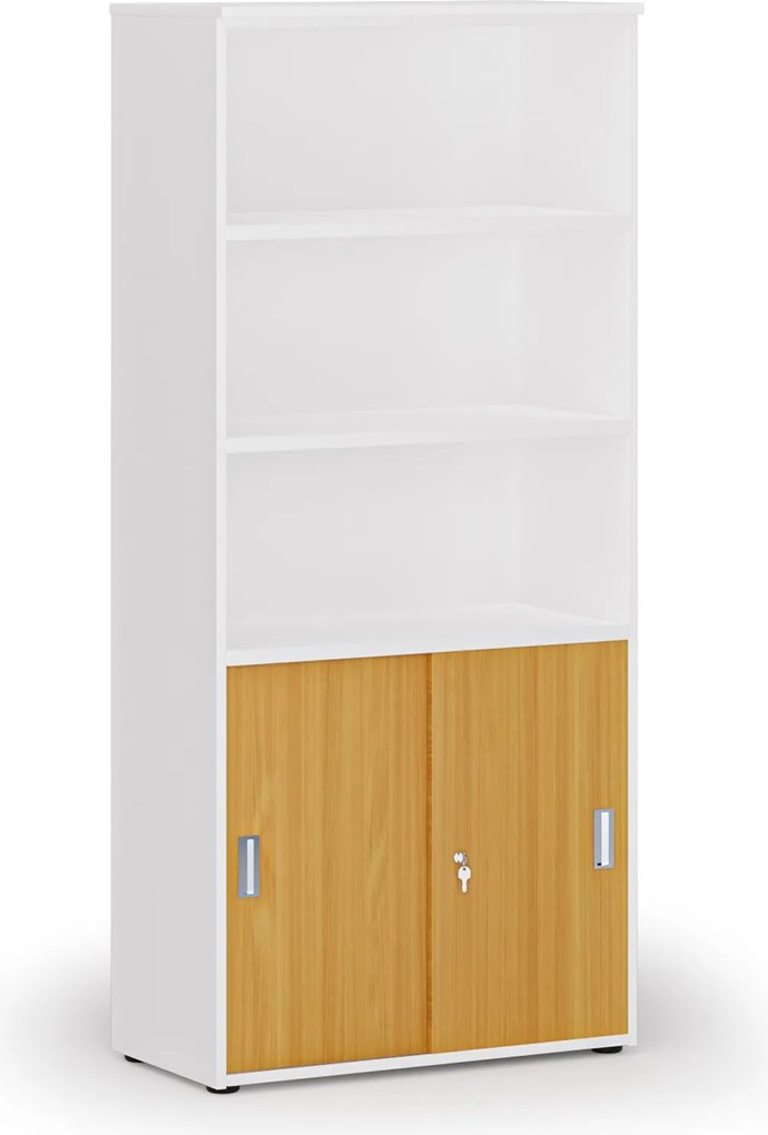 Szafa biurowa kombinowana PRIMO WHITE, drzwi przesuwne na 2 poziomach, 800 x 420 x 1781 mm, biały/buk