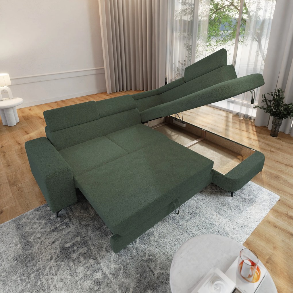 Masseno Narożnik ALVORO z funkcją spania i pojemnikiem na pościel Narozniki L, Rozkładana sofa - Zielony, QUELLE 37