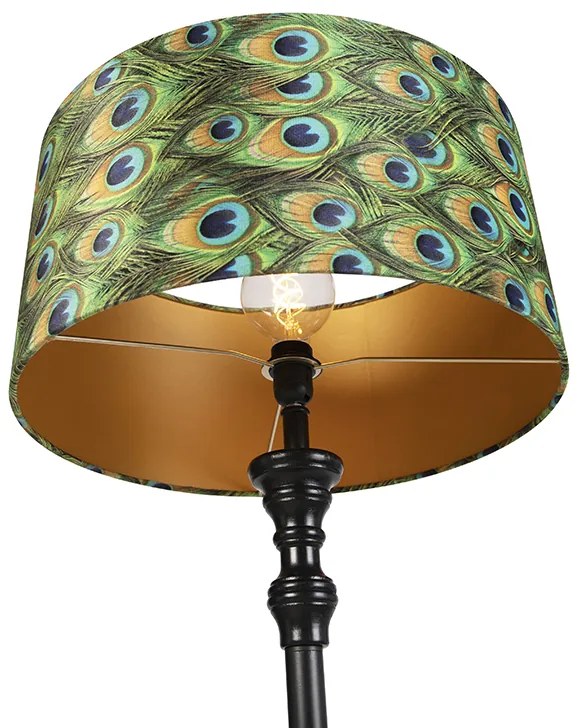 Lampa stojąca czarna z abażurem z aksamitu w kolorze pawiego złota 50 cm - Classico klasyczny/Antyczny Oswietlenie wewnetrzne