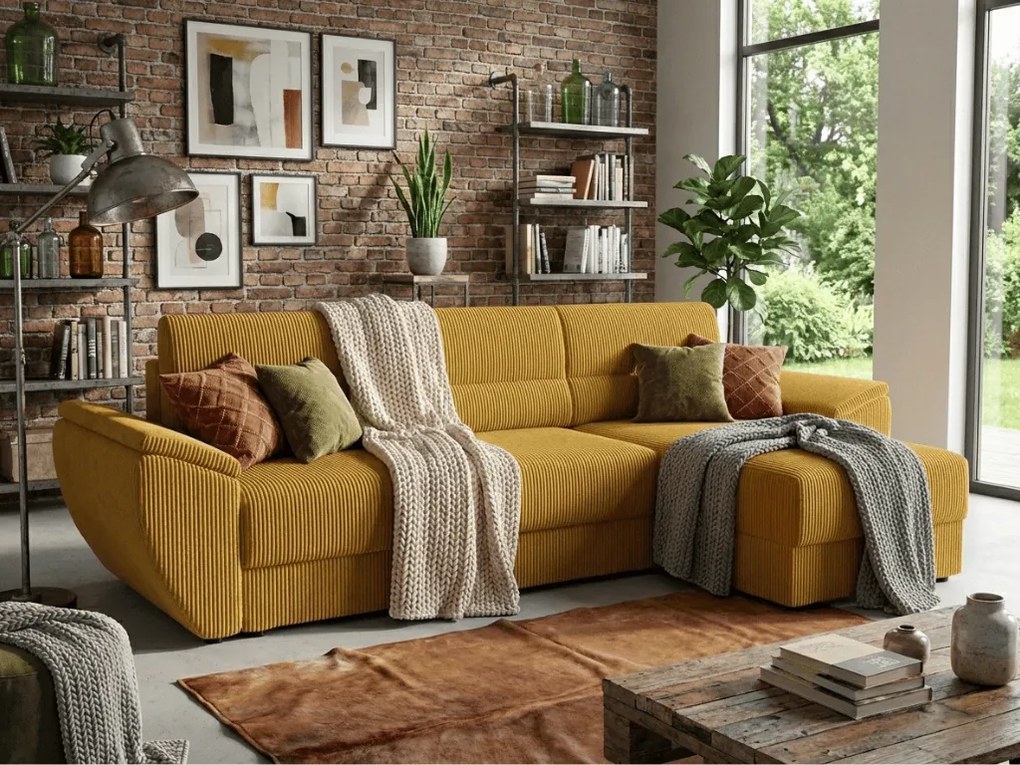 Rozkładana narożna sofa TAVERO 251x140 cm, musztardowa, uniwersalna