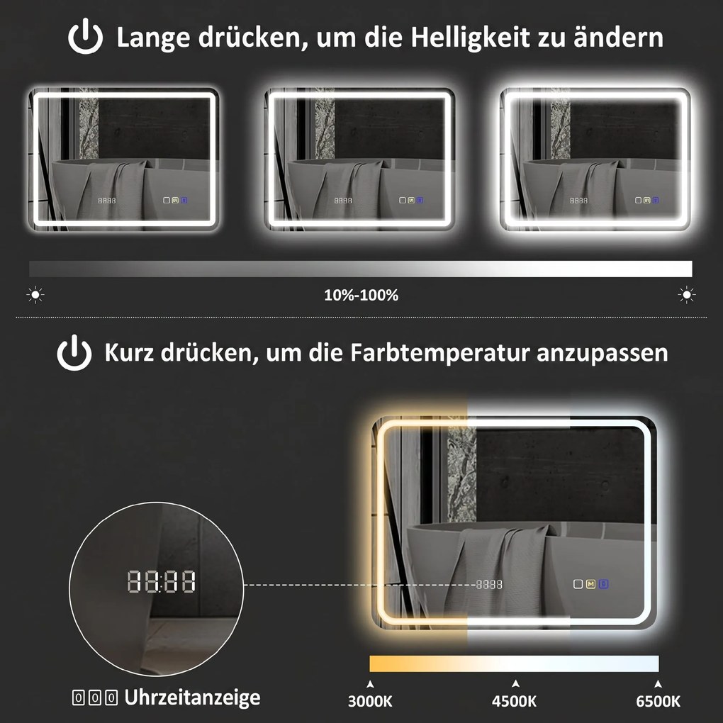 HOMCOM Lustro łazienkowe z podświetleniem LED, mata przeciwmgielna, 3 regulowane kolory, zegar, 600 x 800 mm, kolor srebrny | Aosom PL