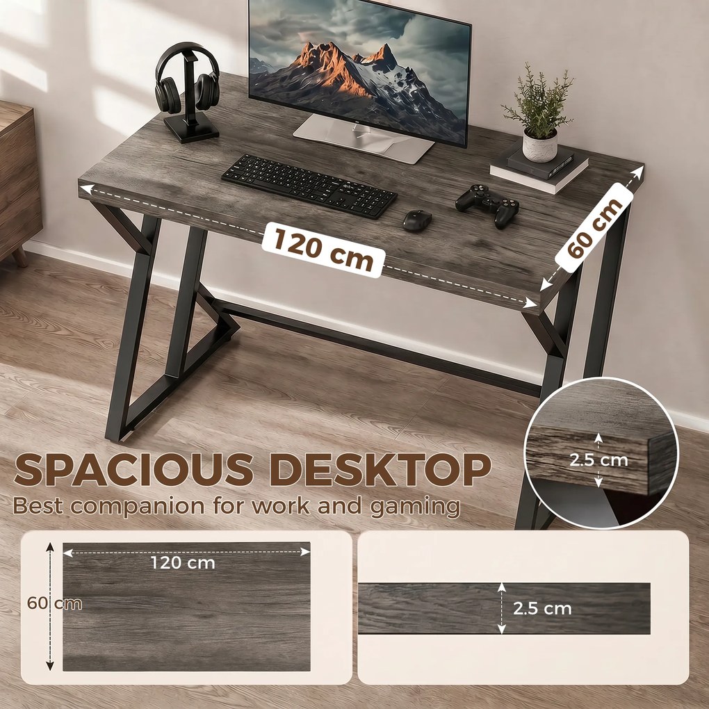 HOMCOM 120 cm Biurko Komputerowe, Industrialne Biurko z Metalową Podstawą w Kształcie Z, Stół Roboczy do Biura, Szary w Stylu Vintage | Aosom PL