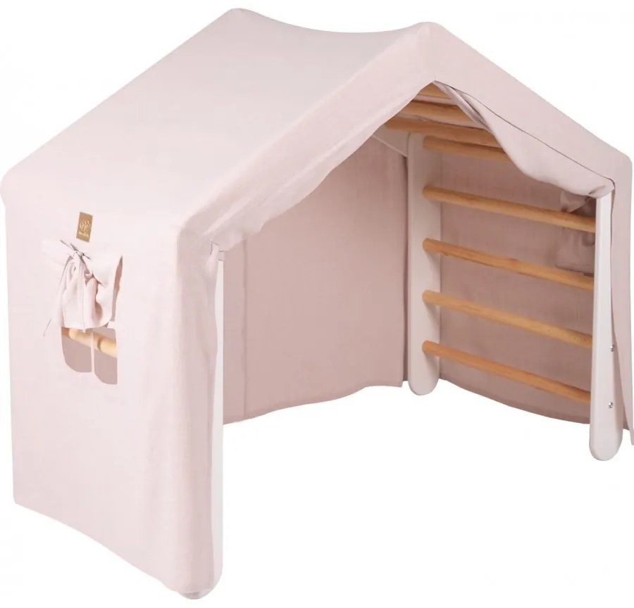 Duży domek z drabinką dla dzieci 112x61x94 cm składaną do pokoju. drewno, len, wiskoza, różowy domek, biała drabinka. - meowbaby®
