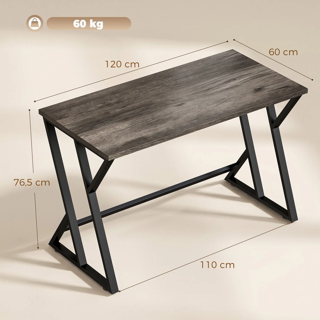 HOMCOM 120 cm Biurko Komputerowe, Industrialne Biurko z Metalową Podstawą w Kształcie Z, Stół Roboczy do Biura, Szary w Stylu Vintage | Aosom PL