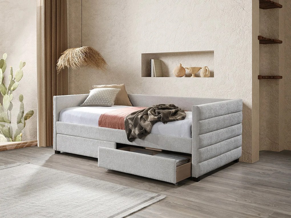 Łóżko typu tapczan 90 x 190 cm z szufladami – Tkanina teksturowana – Szary + Materac – ORENALO
