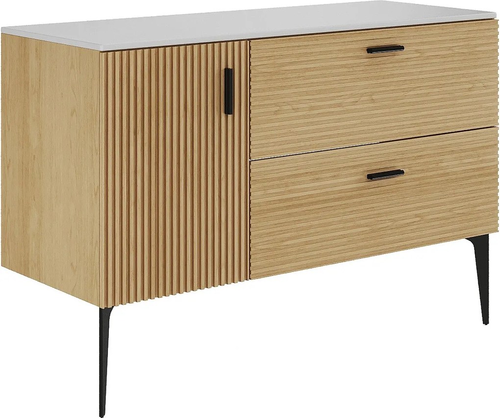Szafka pod umywalkę prążkowana na nóżkach z blatem - 1 drzwi i 2 szuflady - Jasne drewno naturalne - 120 cm - SARONE