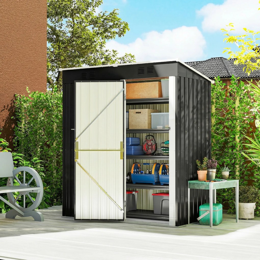 Outsunny Metalowy schowek na narzędzia 1,37 m², zamykany schowek z wentylacją, pochyłym dachem, rękawicami, 163 x 90 x 179 cm | Aosom PL