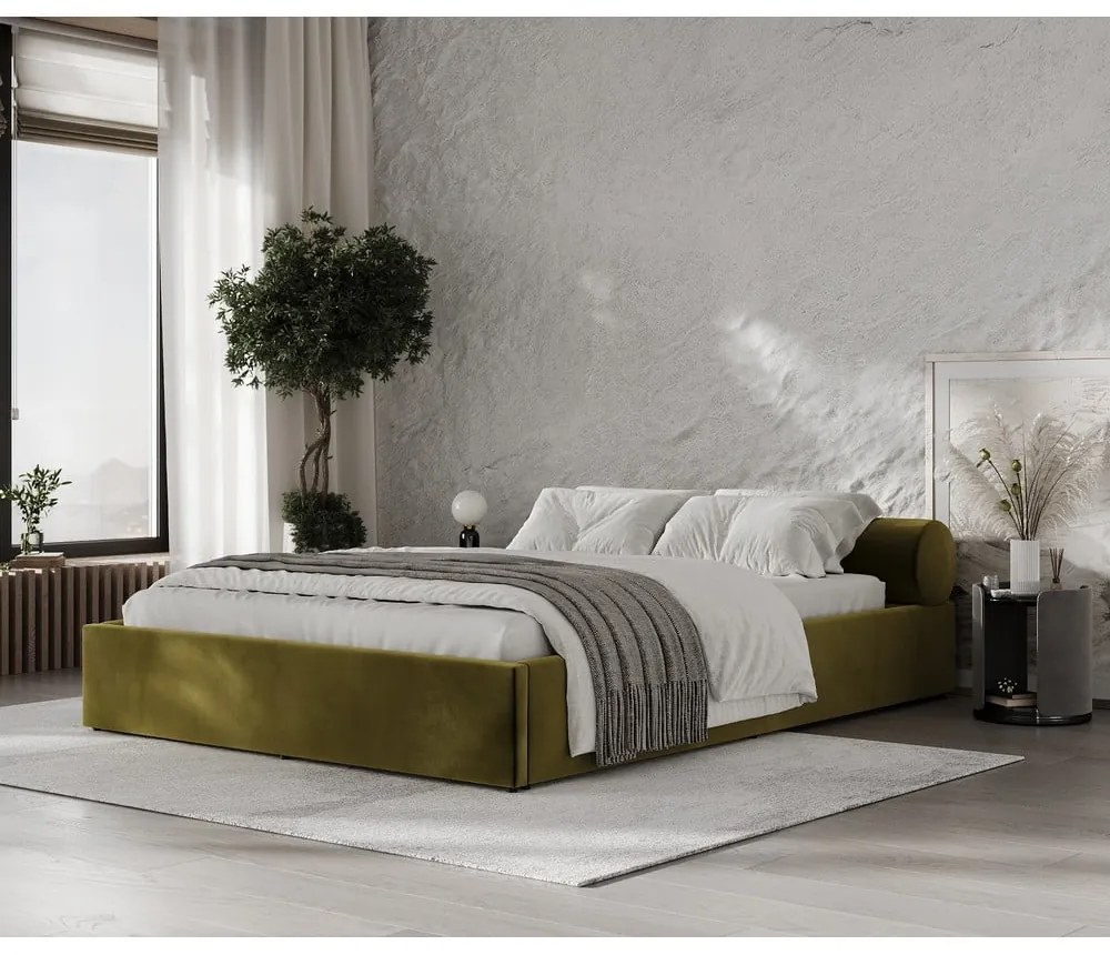 Ciemnozielone tapicerowane łóżko dwuosobowe ze schowkiem ze stelażem 140x200 cm Solvo – Maison de Rêve