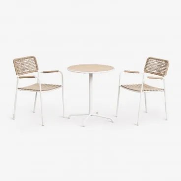 Zestaw Ogrodowy Z Okrągłym Stołem Ø65 Cm I 2 Sztaplowanymi Krzesłami Ogrodowymi Ze Stali I Drewna Akacjowego Tilda Gardenia Biel - Sklum